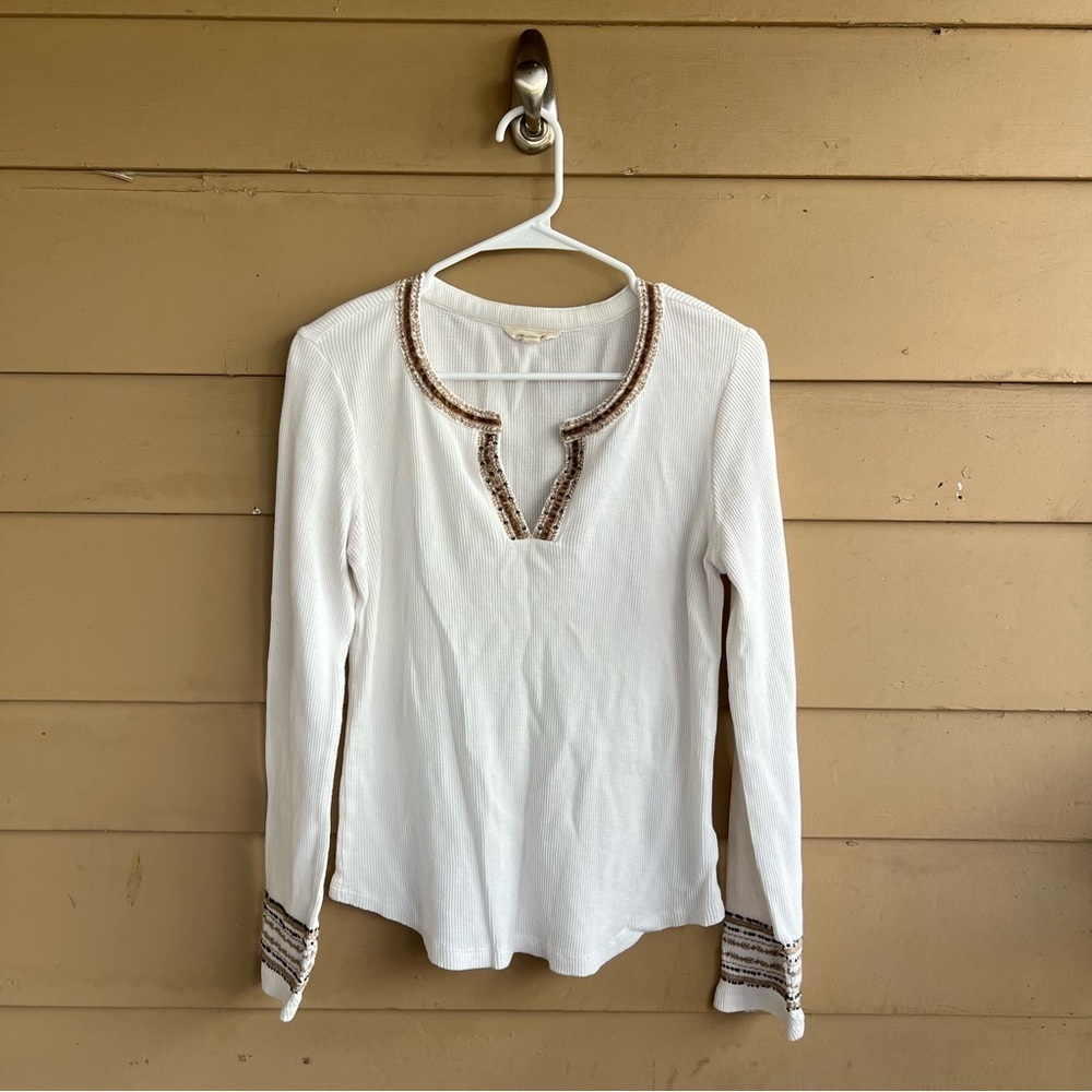 Lucky Brand White Boho Waffle Knit Top - Size M Hippie Peasant Velvet Trim